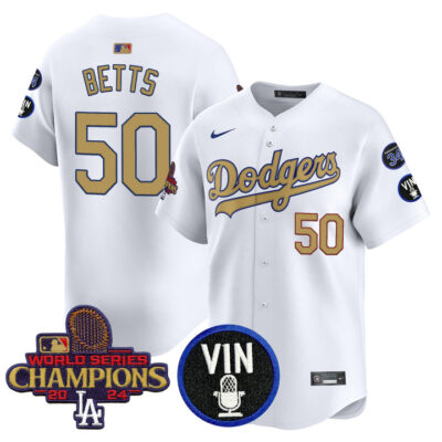 LA Dodgers 2025 Vin Scully & #34 Fernando Patch Gold Vapor Premier Limited Jersey - White Mookie Betts