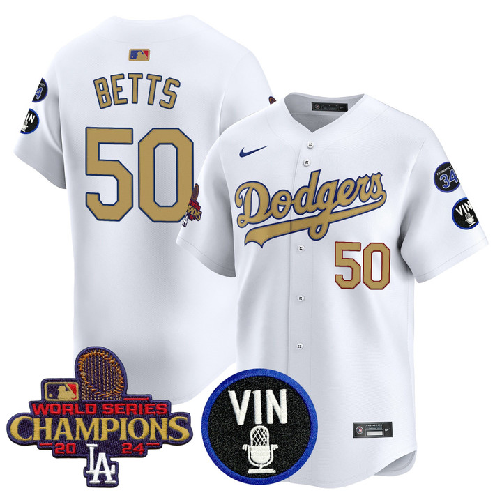 LA Dodgers 2025 Vin Scully & #34 Fernando Patch Gold Vapor Premier Limited Jersey - White Mookie Betts