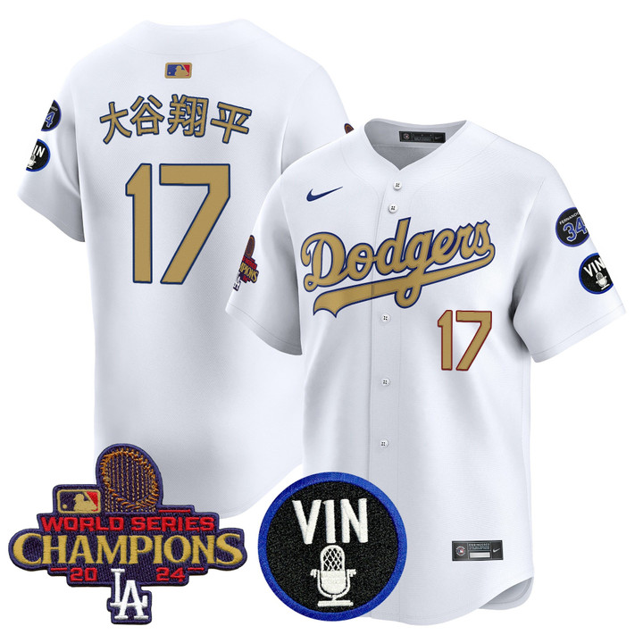 LA Dodgers 2025 Vin Scully & #34 Fernando Patch Gold Vapor Premier Limited Jersey - White Shohei Ohtani
