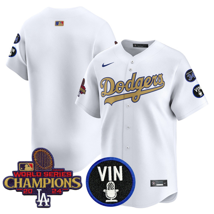 LA Dodgers 2025 Vin Scully & #34 Fernando Patch Gold Vapor Premier Limited Jersey - White Team