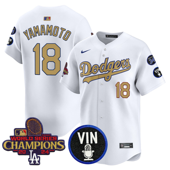 LA Dodgers 2025 Vin Scully & #34 Fernando Patch Gold Vapor Premier Limited Jersey - White Yamamoto