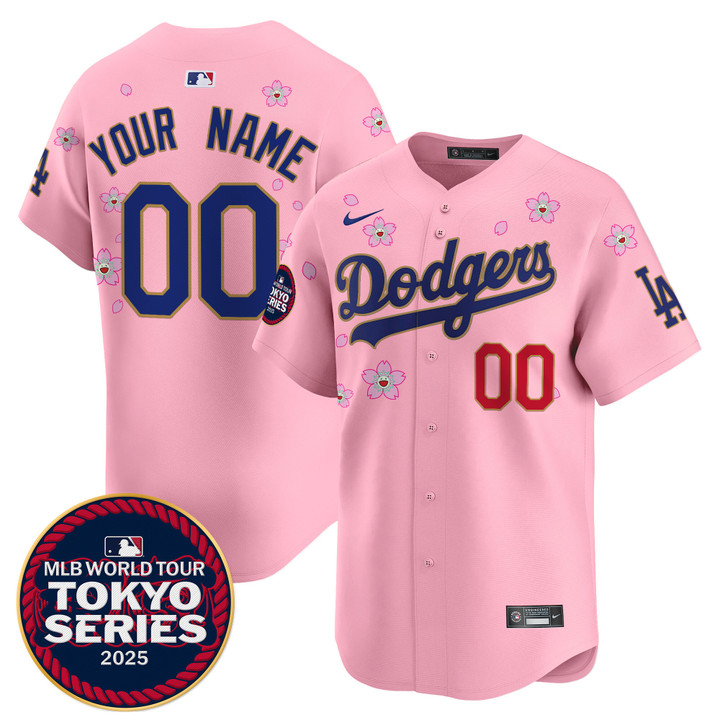 LA Dodgers Tokyo Series 2025 Gold Trim Vapor Premier Limited Custom Jersey - Stitched Cherry Blossom