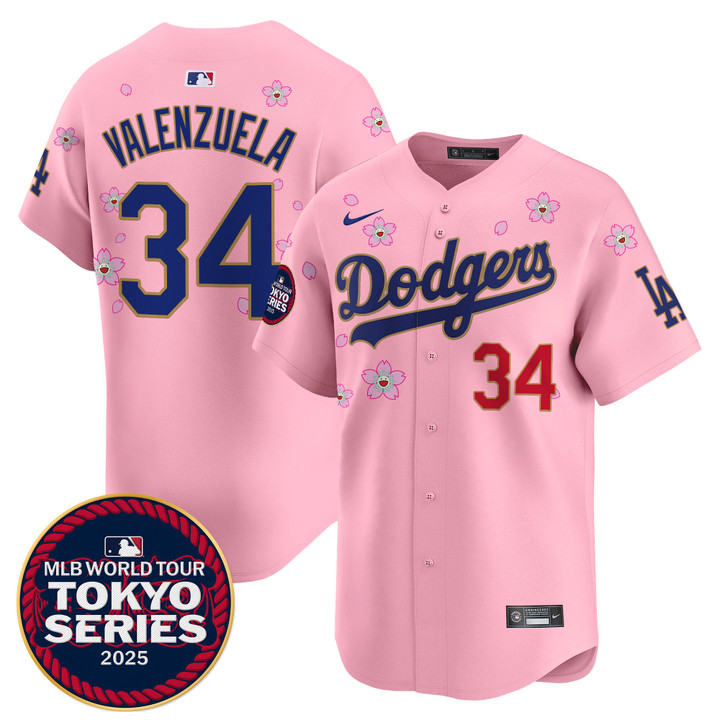 LA Dodgers Tokyo Series 2025 Gold Trim Vapor Premier Limited Jersey - Stitched Cherry Blossom Fernando Valenzuela