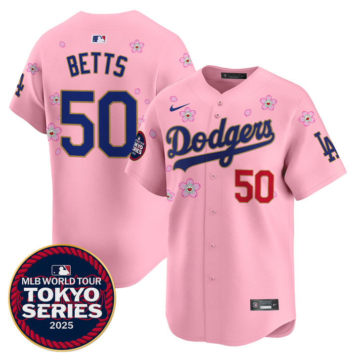 LA Dodgers Tokyo Series 2025 Gold Trim Vapor Premier Limited Jersey - Stitched Cherry Blossom Mookie Betts