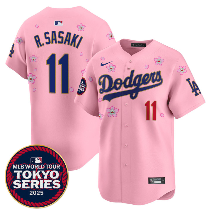LA Dodgers Tokyo Series 2025 Gold Trim Vapor Premier Limited Jersey - Stitched Cherry Blossom Roki Sasaki