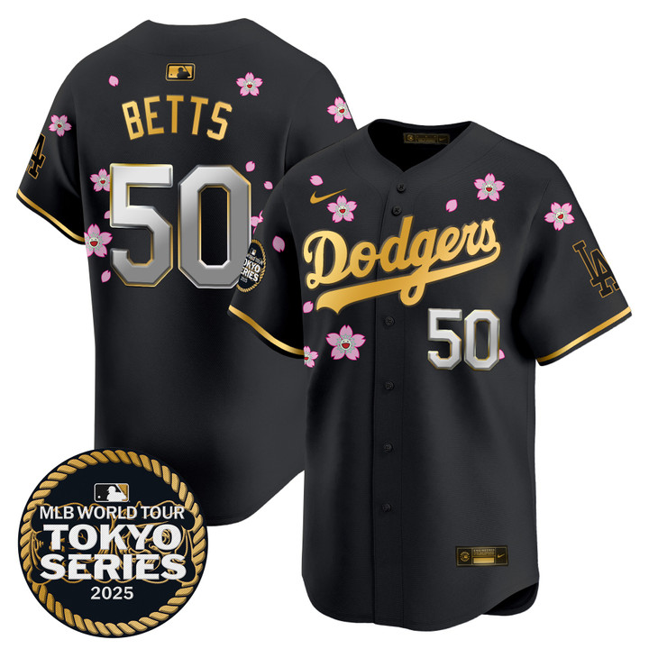 LA Dodgers Tokyo Series 2025 Gold Trim Vapor Premier Limited Jersey V2 - Stitched Black Gold Mookie Betts