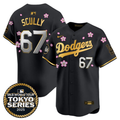 LA Dodgers Tokyo Series 2025 Gold Trim Vapor Premier Limited Jersey V2 - Stitched Black Gold Vin Scully