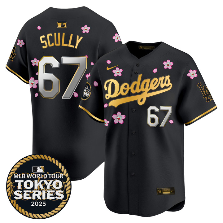 LA Dodgers Tokyo Series 2025 Gold Trim Vapor Premier Limited Jersey V2 - Stitched Black Gold Vin Scully
