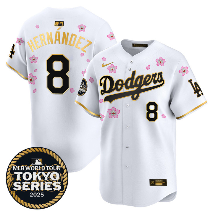 LA Dodgers Tokyo Series 2025 Gold Trim Vapor Premier Limited Jersey V2 - Stitched White Gold Kike Hernandez