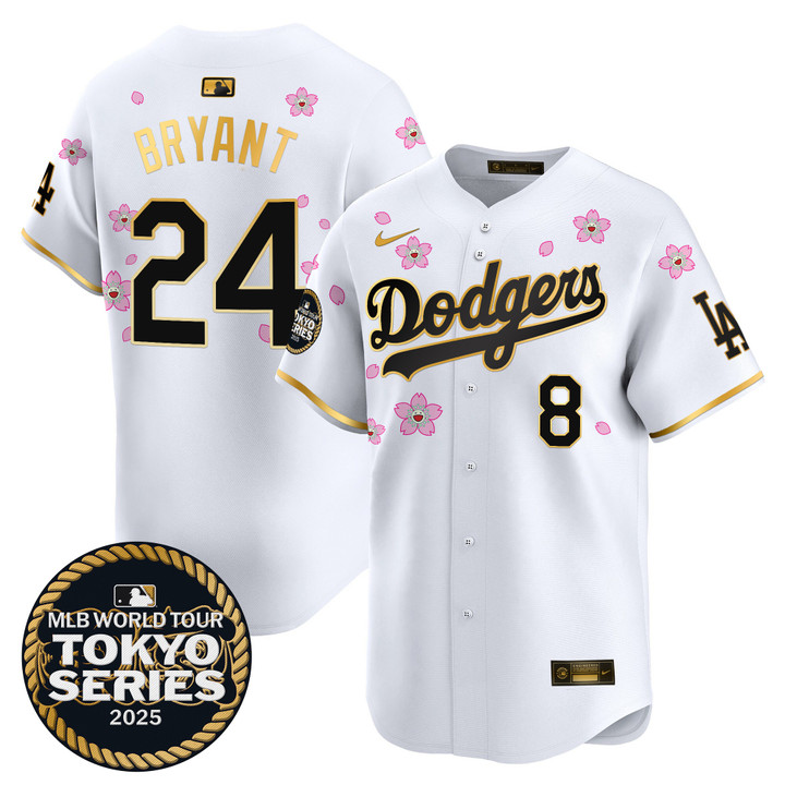 LA Dodgers Tokyo Series 2025 Gold Trim Vapor Premier Limited Jersey V2 - Stitched White Gold Kobe Bryant