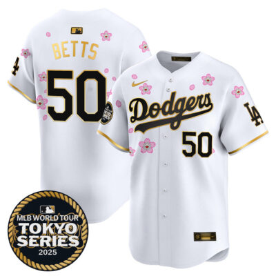 LA Dodgers Tokyo Series 2025 Gold Trim Vapor Premier Limited Jersey V2 - Stitched White Gold Mookie Betts