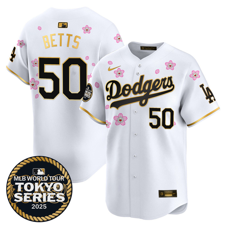 LA Dodgers Tokyo Series 2025 Gold Trim Vapor Premier Limited Jersey V2 - Stitched White Gold Mookie Betts