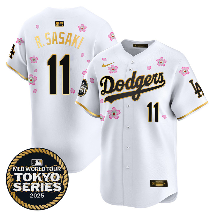 LA Dodgers Tokyo Series 2025 Gold Trim Vapor Premier Limited Jersey V2 - Stitched White Gold Roki Sasaki