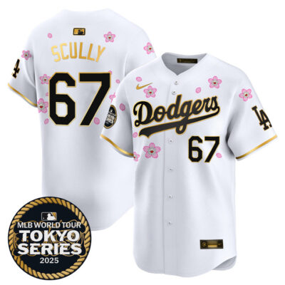 LA Dodgers Tokyo Series 2025 Gold Trim Vapor Premier Limited Jersey V2 - Stitched White Gold Vin Scully