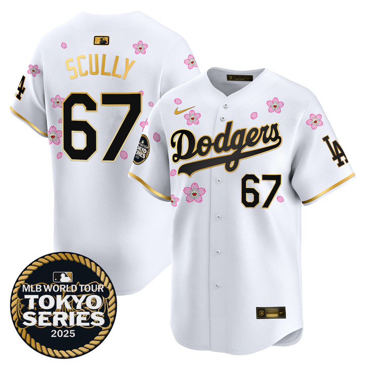 LA Dodgers Tokyo Series 2025 Gold Trim Vapor Premier Limited Jersey V2 - Stitched White Gold Vin Scully