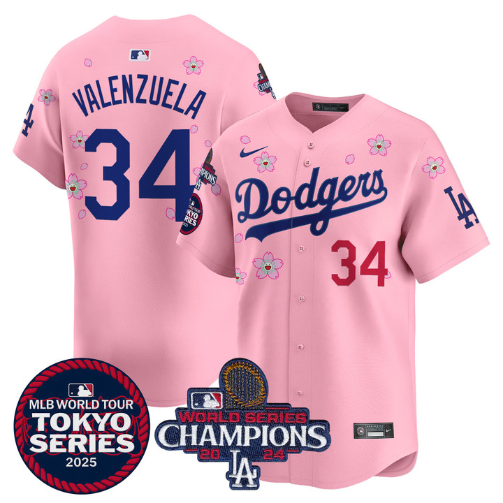 LA Dodgers Tokyo Series 2025 World Series Champions Patch Vapor Premier Limited Jersey - Stitched Cherry Blossom Fernando Valenzuela