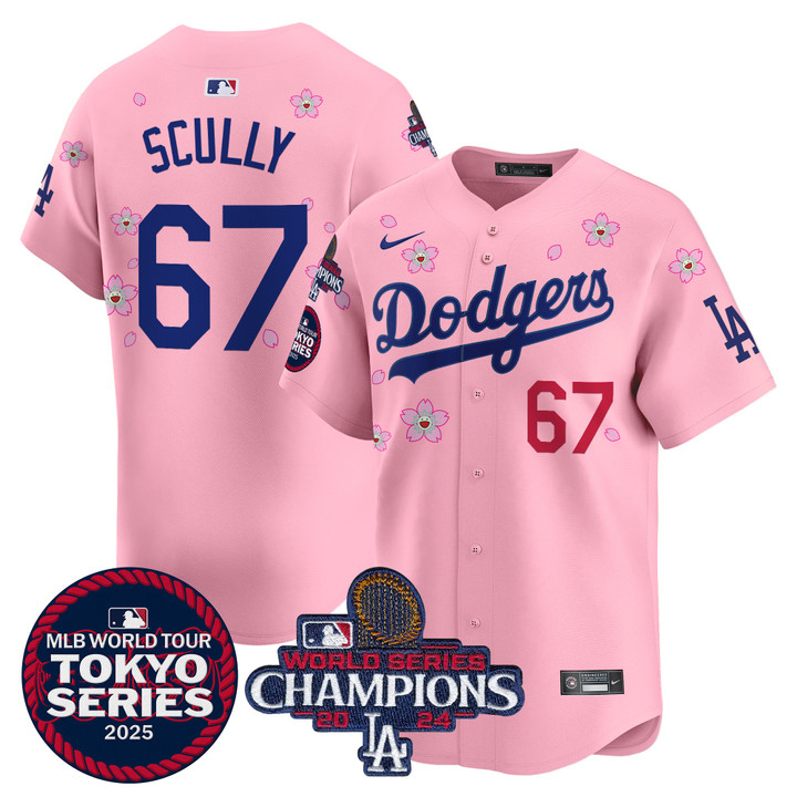 LA Dodgers Tokyo Series 2025 World Series Champions Patch Vapor Premier Limited Jersey - Stitched Cherry Blossom Vin Scully