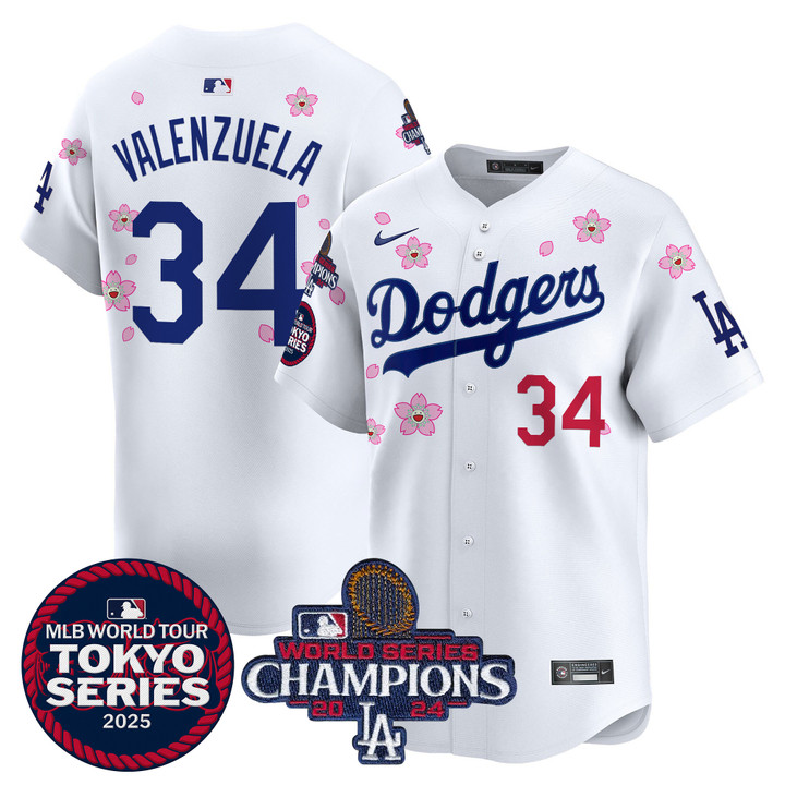 LA Dodgers Tokyo Series 2025 World Series Champions Patch Vapor Premier Limited Jersey - Stitched White Fernando Valenzuela