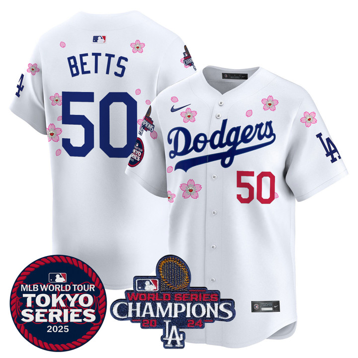 LA Dodgers Tokyo Series 2025 World Series Champions Patch Vapor Premier Limited Jersey - Stitched White Mookie Betts