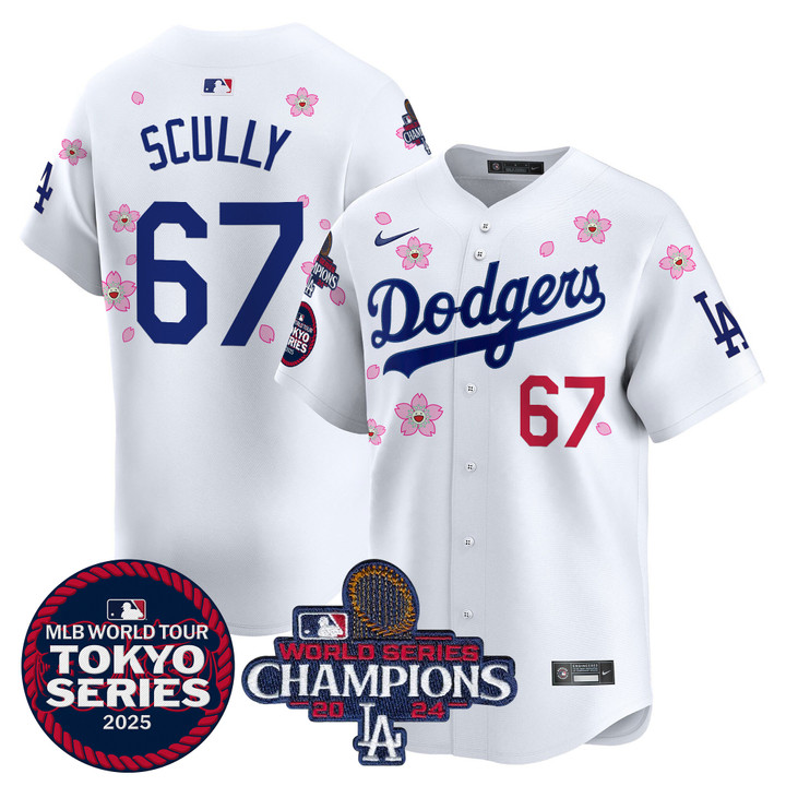 LA Dodgers Tokyo Series 2025 World Series Champions Patch Vapor Premier Limited Jersey - Stitched White Vin Scully