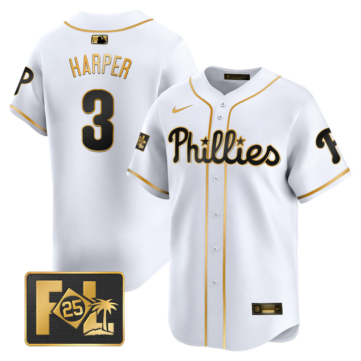 Phillies 2025 Spring Training Patch Vapor Premier Limited Jersey - White Gold Bryce Harper