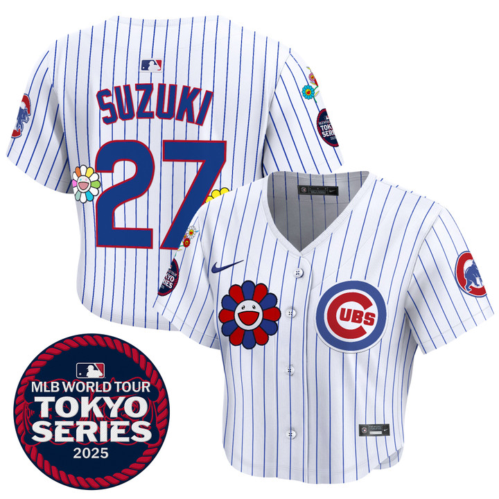 Women's Chicago Cubs Tokyo Series 2025 Crop Top Baseball Jersey - Stitched Pinstripe Seiya Suzuki