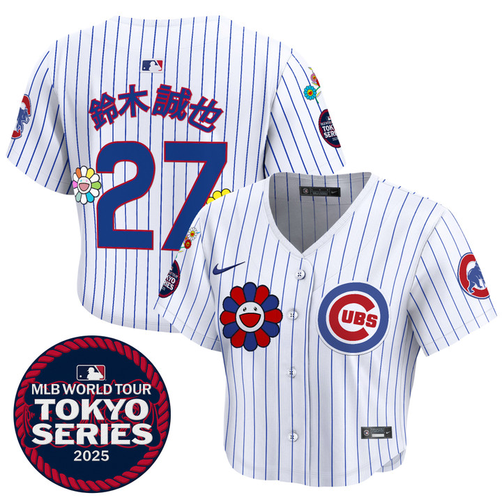 Women's Chicago Cubs Tokyo Series 2025 Crop Top Baseball Jersey - Stitched Pinstripe Seiya Suzuki