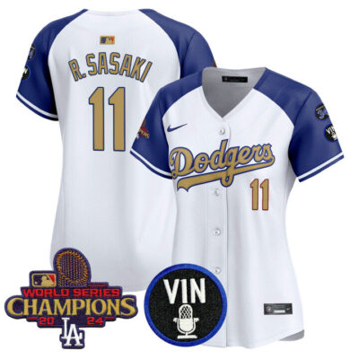 Women's LA Dodgers 2025 Vin Scully & #34 Fernando Patch Gold Vapor Premier Limited Jersey - Alternate Roki Sasaki