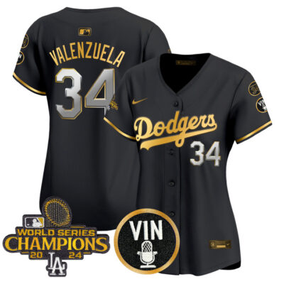 Women's LA Dodgers 2025 Vin Scully & #34 Fernando Patch Gold Vapor Premier Limited Jersey - Black Gold Fernando Valenzuela