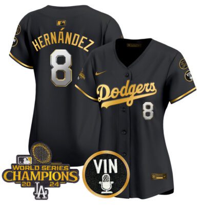 Women's LA Dodgers 2025 Vin Scully & #34 Fernando Patch Gold Vapor Premier Limited Jersey - Black Gold Kike Hernandez
