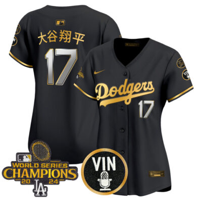 Women's LA Dodgers 2025 Vin Scully & #34 Fernando Patch Gold Vapor Premier Limited Jersey - Black Gold Shohei Ohtani