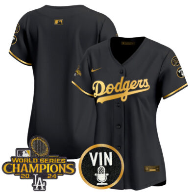Women's LA Dodgers 2025 Vin Scully & #34 Fernando Patch Gold Vapor Premier Limited Jersey - Black Gold Team