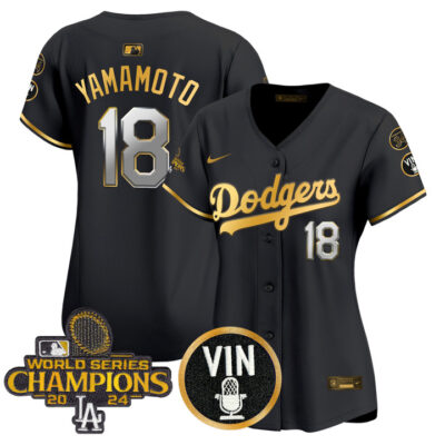 Women's LA Dodgers 2025 Vin Scully & #34 Fernando Patch Gold Vapor Premier Limited Jersey - Black Gold Yamamoto