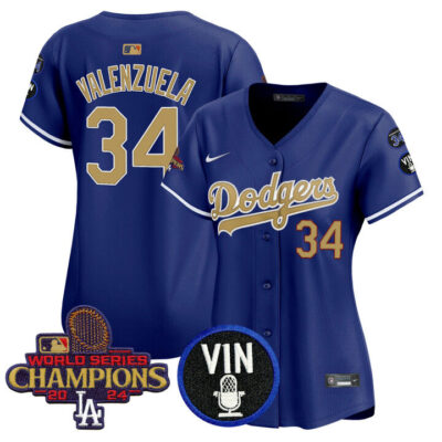 Women's LA Dodgers 2025 Vin Scully & #34 Fernando Patch Gold Vapor Premier Limited Jersey - Royal Fernando Valenzuela