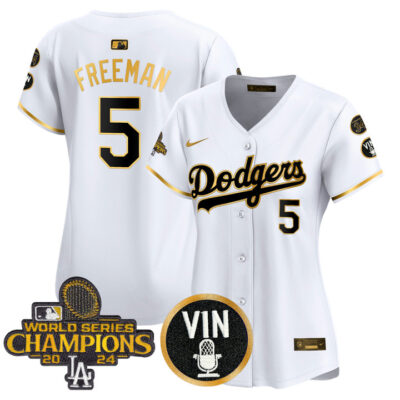 Women's LA Dodgers 2025 Vin Scully & #34 Fernando Patch Gold Vapor Premier Limited Jersey - White Gold Freddie Freeman