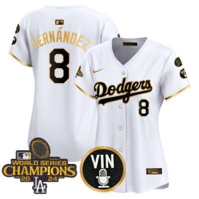Women's LA Dodgers 2025 Vin Scully & #34 Fernando Patch Gold Vapor Premier Limited Jersey - White Gold Kike Hernandez