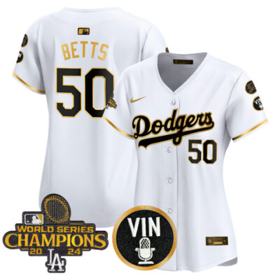 Women's LA Dodgers 2025 Vin Scully & #34 Fernando Patch Gold Vapor Premier Limited Jersey - White Gold Mookie Betts