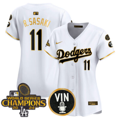 Women's LA Dodgers 2025 Vin Scully & #34 Fernando Patch Gold Vapor Premier Limited Jersey - White Gold Roki Sasaki