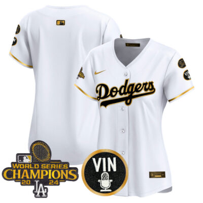 Women's LA Dodgers 2025 Vin Scully & #34 Fernando Patch Gold Vapor Premier Limited Jersey - White Gold Team