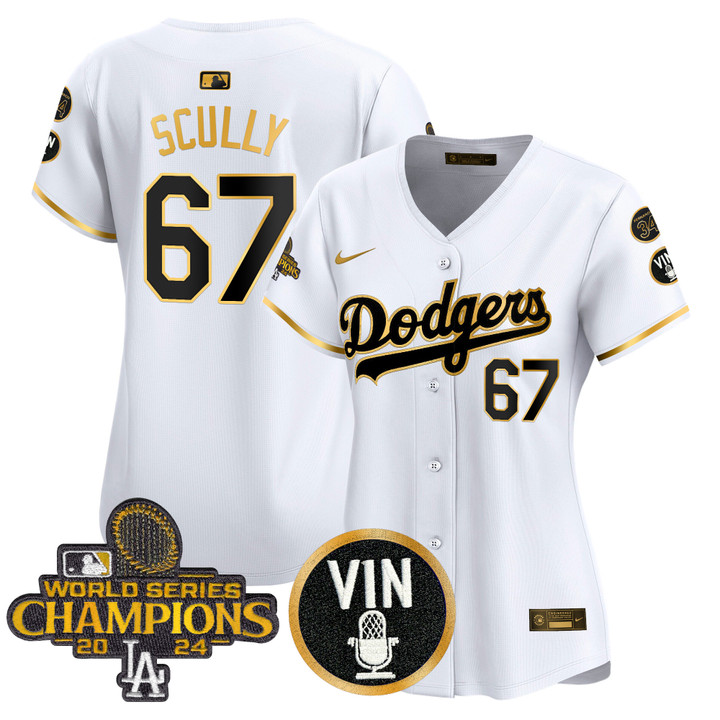 Women's LA Dodgers 2025 Vin Scully & #34 Fernando Patch Gold Vapor Premier Limited Jersey - White Gold Vin Scully