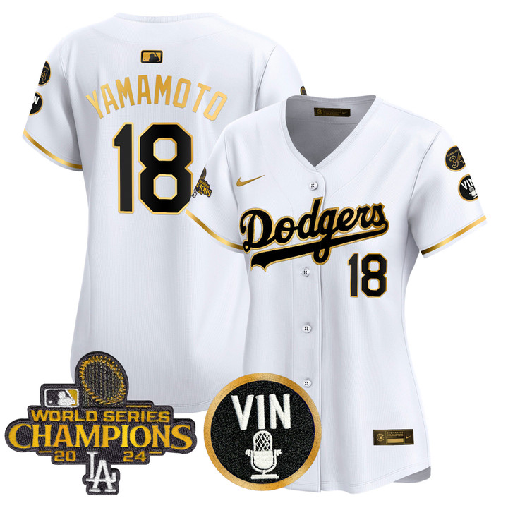 Women's LA Dodgers 2025 Vin Scully & #34 Fernando Patch Gold Vapor Premier Limited Jersey - White Gold Yamamoto