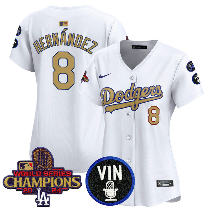 Women's LA Dodgers 2025 Vin Scully & #34 Fernando Patch Gold Vapor Premier Limited Jersey - White Kike Hernandez