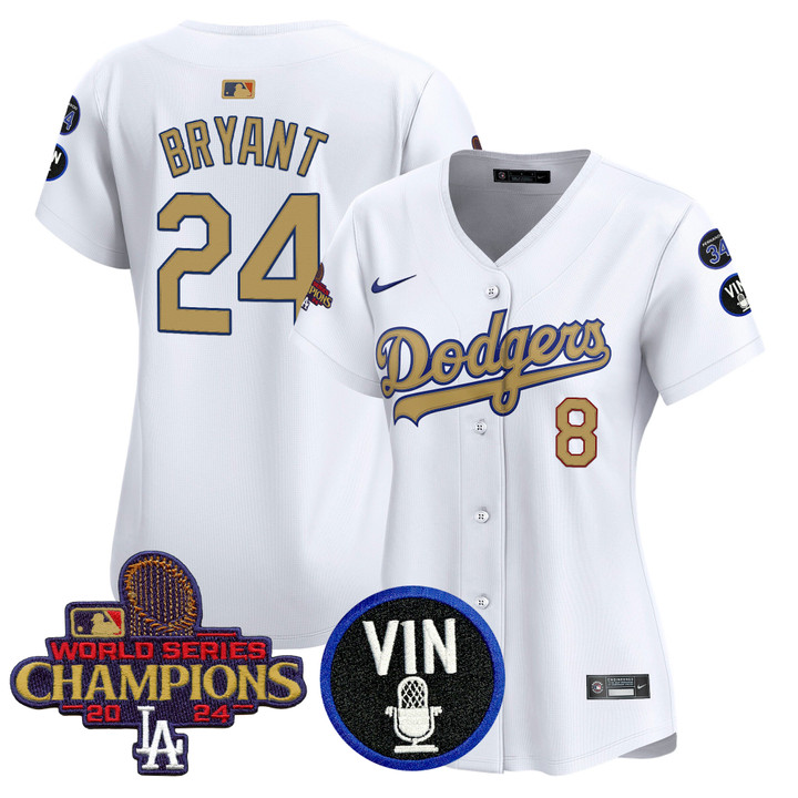 Women's LA Dodgers 2025 Vin Scully & #34 Fernando Patch Gold Vapor Premier Limited Jersey - White Kobe Bryant