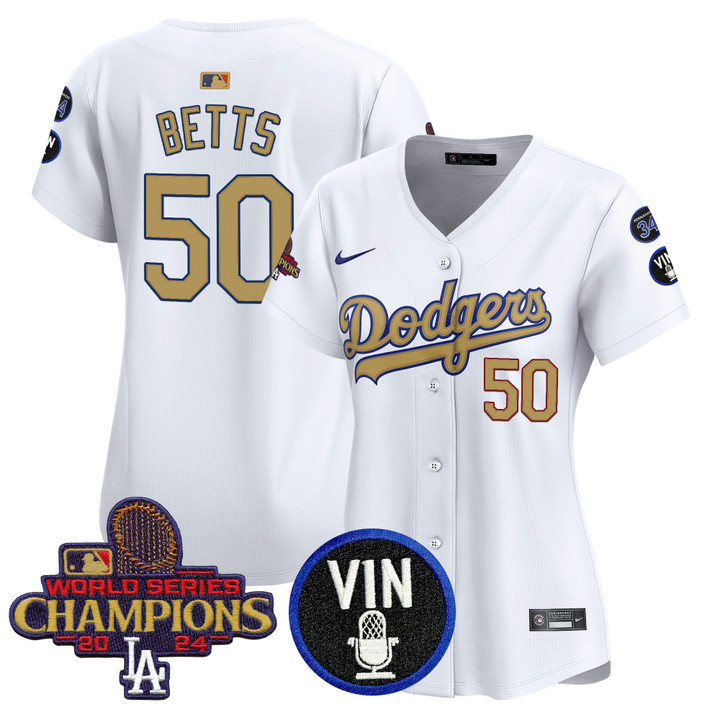 Women's LA Dodgers 2025 Vin Scully & #34 Fernando Patch Gold Vapor Premier Limited Jersey - White Mookie Betts