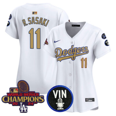 Women's LA Dodgers 2025 Vin Scully & #34 Fernando Patch Gold Vapor Premier Limited Jersey - White Roki Sasaki