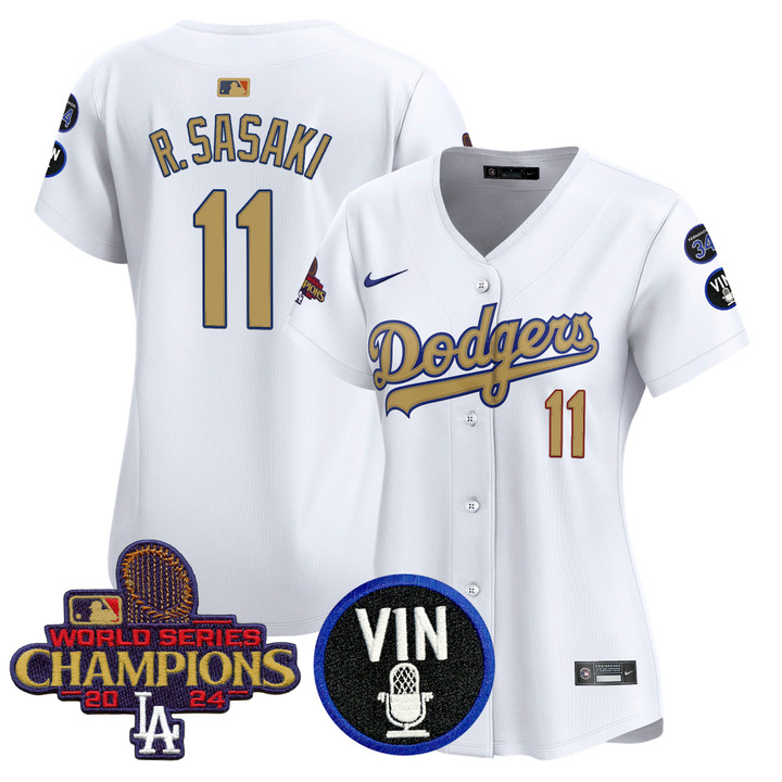 Women's LA Dodgers 2025 Vin Scully & #34 Fernando Patch Gold Vapor Premier Limited Jersey - White Roki Sasaki