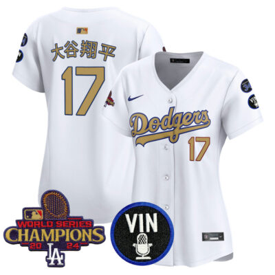 Women's LA Dodgers 2025 Vin Scully & #34 Fernando Patch Gold Vapor Premier Limited Jersey - White Shohei Ohtani
