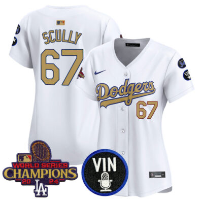 Women's LA Dodgers 2025 Vin Scully & #34 Fernando Patch Gold Vapor Premier Limited Jersey - White Vin Scully