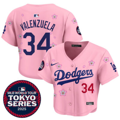 Women's LA Dodgers Tokyo Series 2025 Crop Top Baseball Jersey - Stitched Pink Fernando Valenzuela