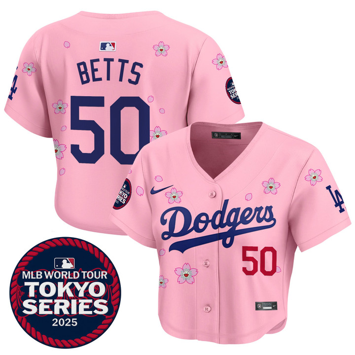 Women's LA Dodgers Tokyo Series 2025 Crop Top Baseball Jersey - Stitched Pink Mookie Betts